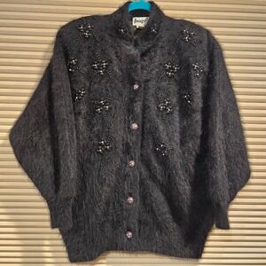 Vintage Imago Black Angora Rabbit Hair Beaded Cardigan Sweater Mock Neck Floral
